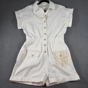 POL Clothing White Crochet Lace Pocket Button Front Short Sleeve Romper Small